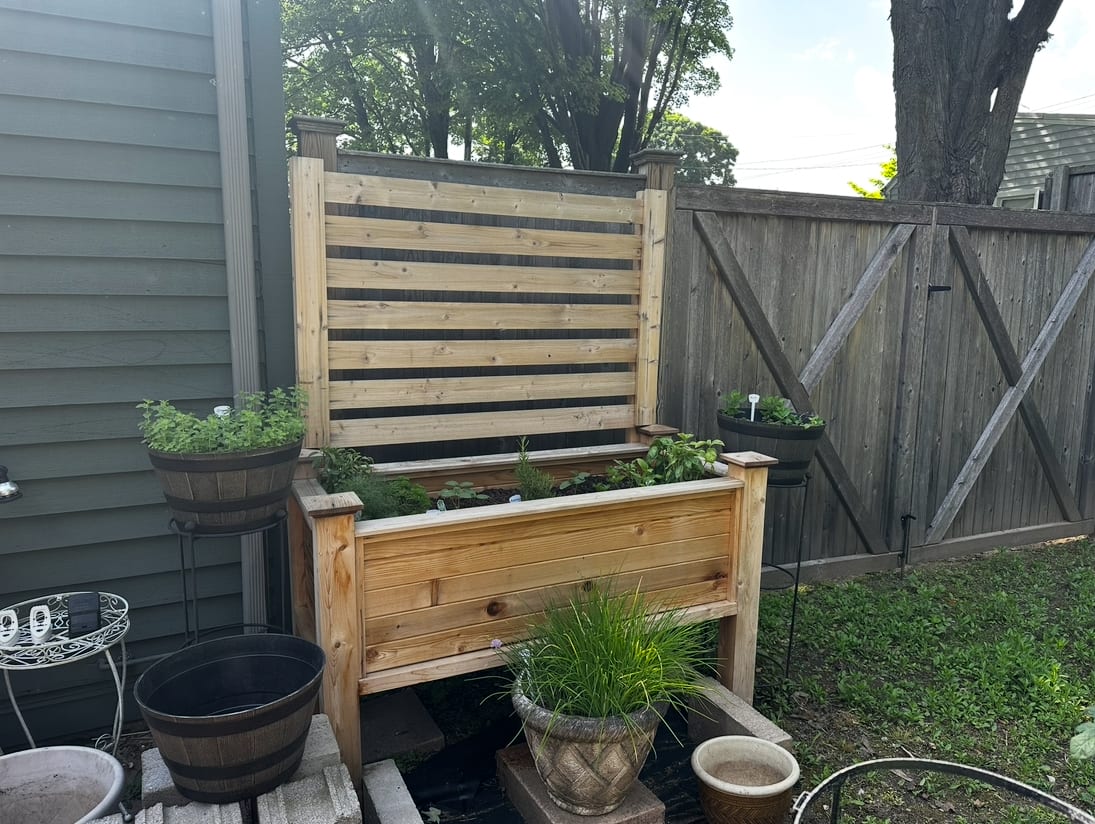 Cedar raised planter box with horizontal-slat privacy screen planted with herbs, set against house siding and a wood gate.