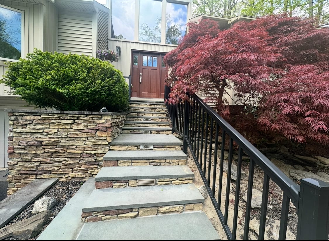 Black aluminum railing along bluestone-and-stone entry steps leading to a wood front door past a red maple