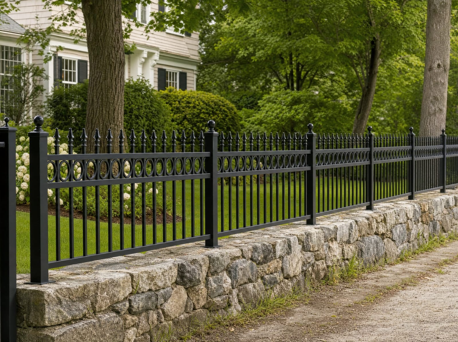 Black aluminum ornamental fence along a landscaped front yard