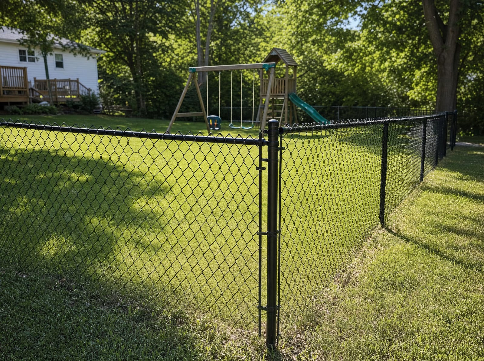 Black chain link fence around a backyard with a swing set