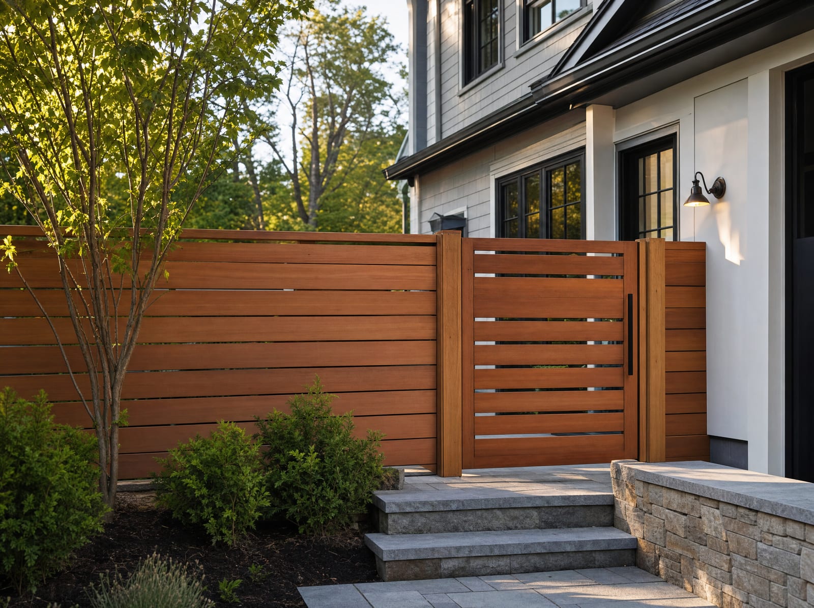 Modern horizontal cedar board fence with a matching wood gate