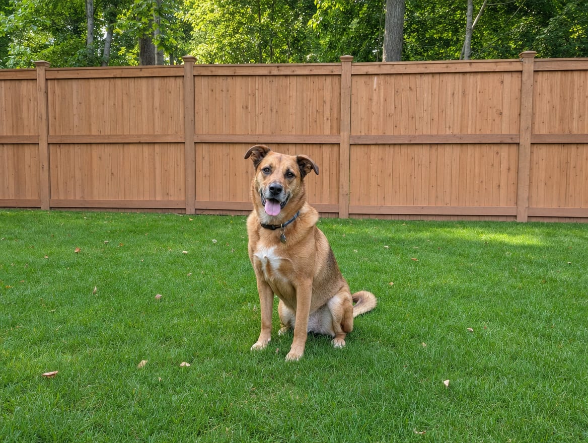 A dog sitting on the grass in front of a tall wood privacy fence