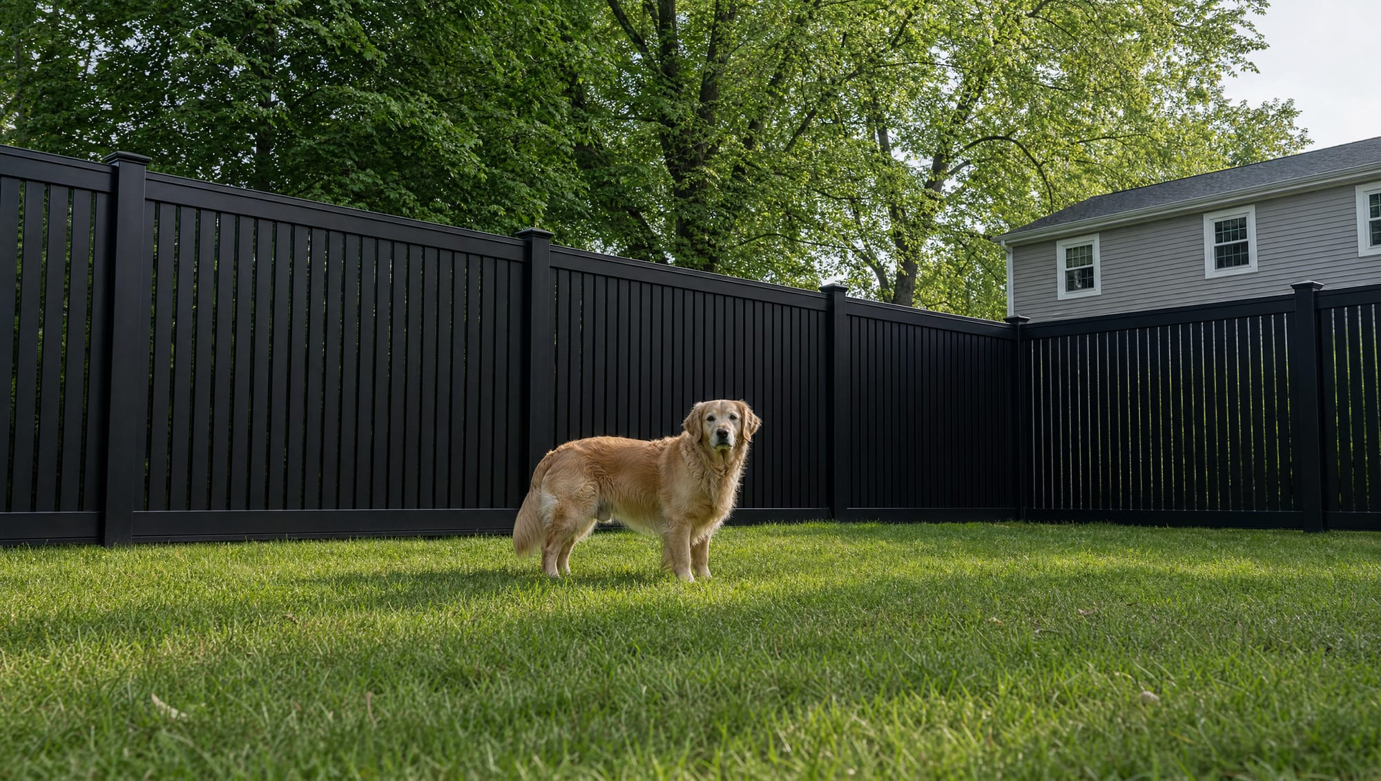 A golden retriever standing in a fenced backyard beside a tall dark privacy fence